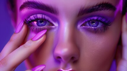 Closeup Digital Art Portrait of a Woman with Neon Lighting and Vibrant Makeup