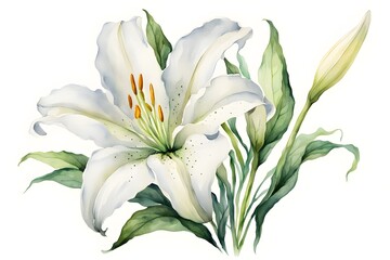 Watercolor madonna lily flower white background, Ai generated