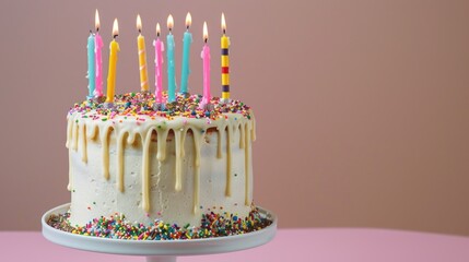 Birthday Cake with Dripping Frosting and Colorful Sprinkles