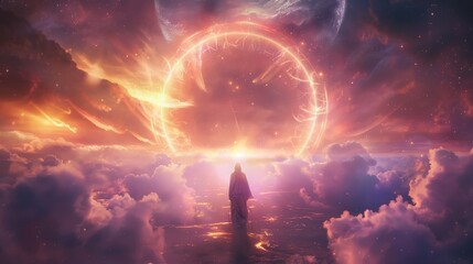 A stunning cosmic landscape featuring a figure silhouetted against a vibrant, celestial sunrise and swirling clouds.