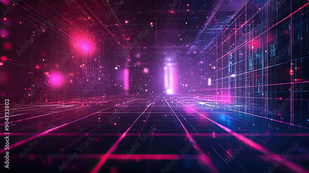 Poster high-tech 3d abstract copy space in the night concept, featuring digital grids and neon elements. pe