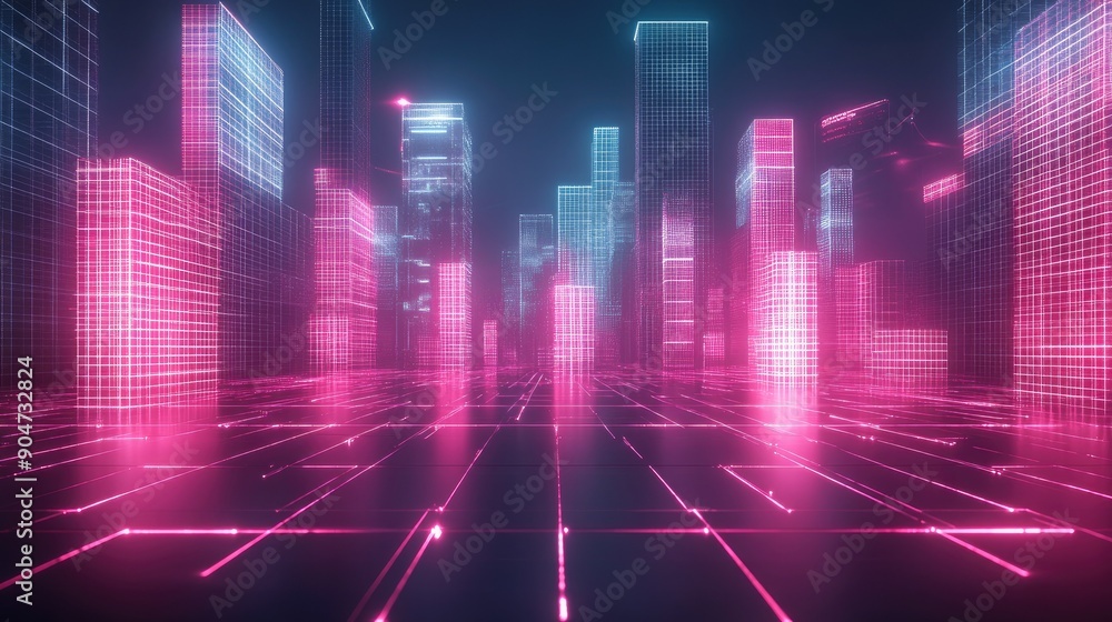 Poster high-tech 3d abstract copy space in the night concept, featuring digital grids and neon elements. pe
