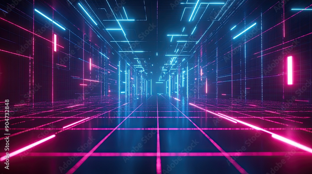 Poster high-tech 3d abstract copy space in the night concept, featuring digital grids and neon elements. pe