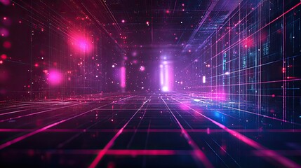 High-tech 3D abstract copy space in the night concept, featuring digital grids and neon elements. Perfect for futuristic designs.