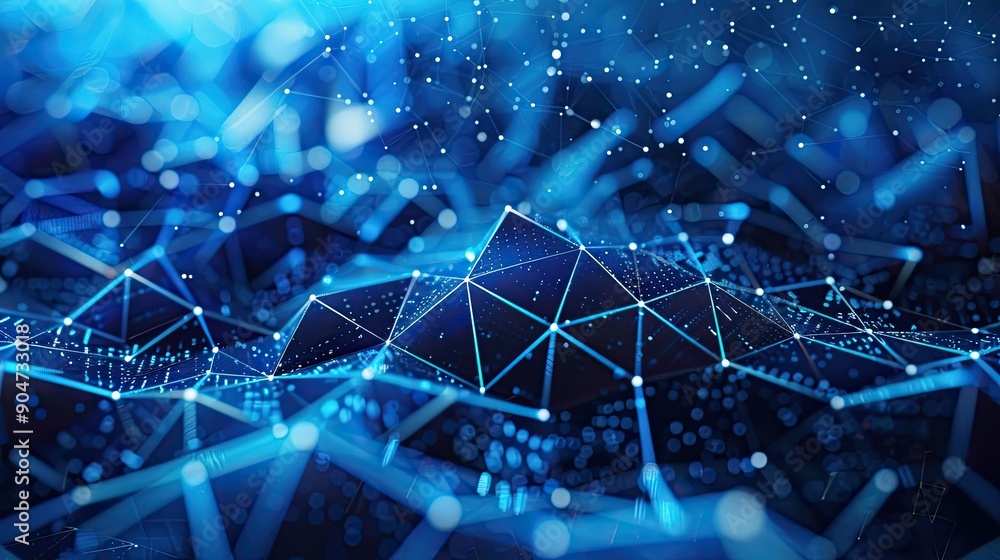 Poster abstract blue network with geometric shapes and glowing points