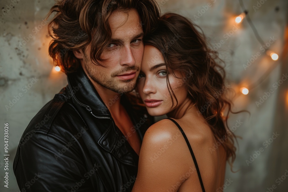 Wall mural couple posing close together in front of string lights