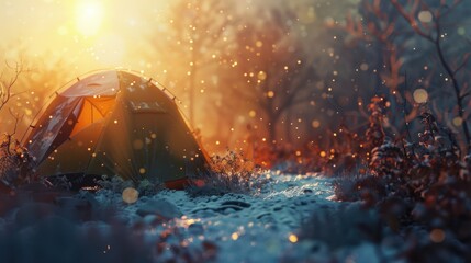 175. Cold Weather Camping, realistic style, bold colors, nature-inspired pattern, wide shot, backlight, bokeh,