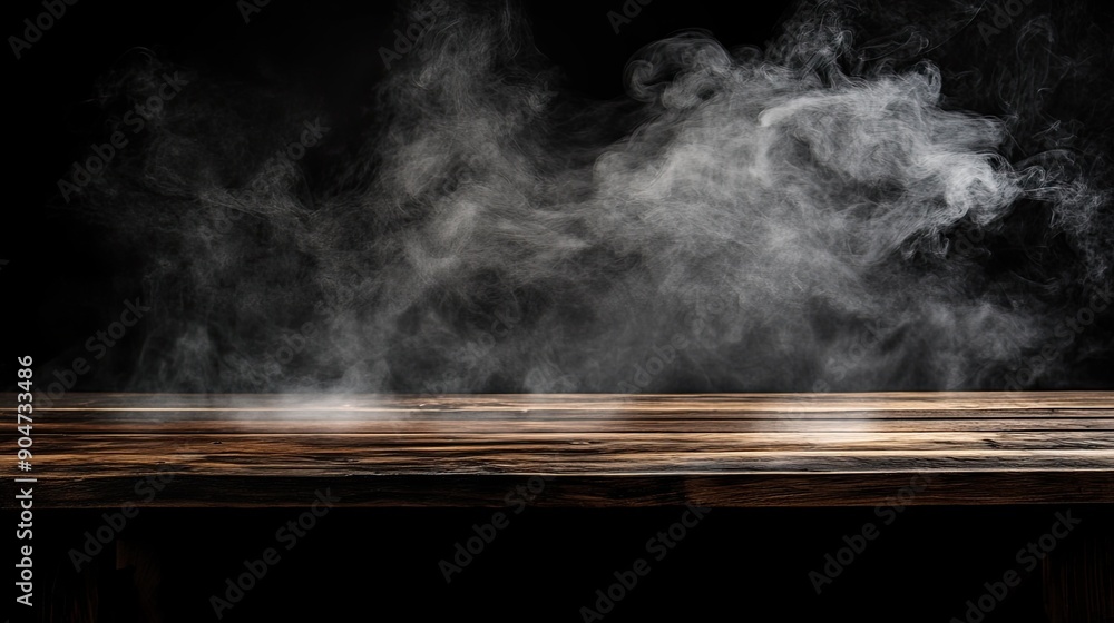 Poster on a black background, an empty wooden table with smoke floating up, creating a mysterious ambiance.
