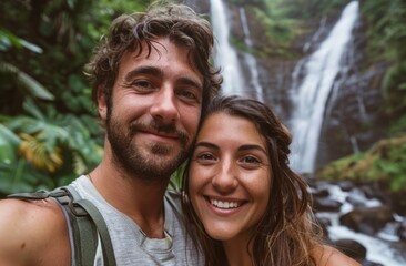 Fototapeta premium Man and woman posing in front of waterfall