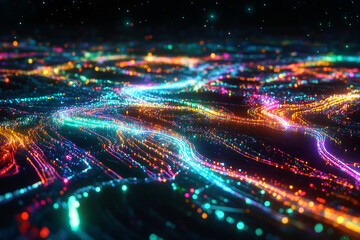 Obraz premium Neon data visualization with bright connected nodes neon