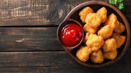 Naklejka premium Rustic wooden background showcasing chicken nuggets and ketchup, featuring plenty of copy space for food promotions or recipes.
