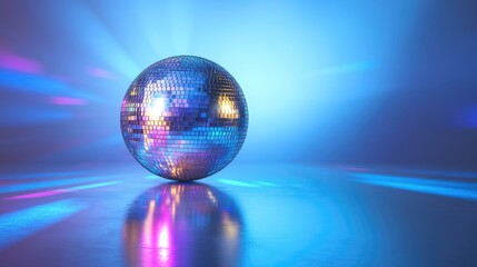 Shimmering mirror disco ball isolated, surrounded by light reflections. Ample copy space for text, ideal for party and celebration concepts.