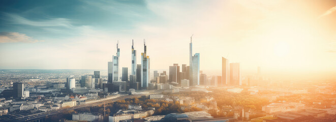 Fototapeta premium Panoramic City Skyline at Sunset with Sun Flares