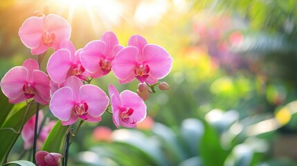 Vibrant pink Phalaenopsis orchids thriving in a garden setting. Great for highlighting floral beauty and garden aesthetics.