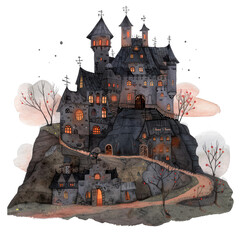 A whimsical, enchanted castle sitting atop a hill, surrounded by delicate trees and glowing windows, perfect for fantasy artwork. PNG, Transparent, No background, watercolor, illustration