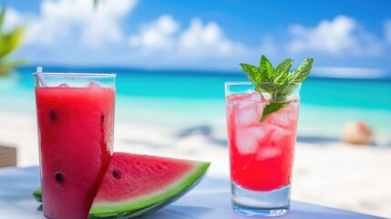 Watermelon slices and a refreshing mint cocktail on a white table, with a blurred background of sandy beach and blue sky.