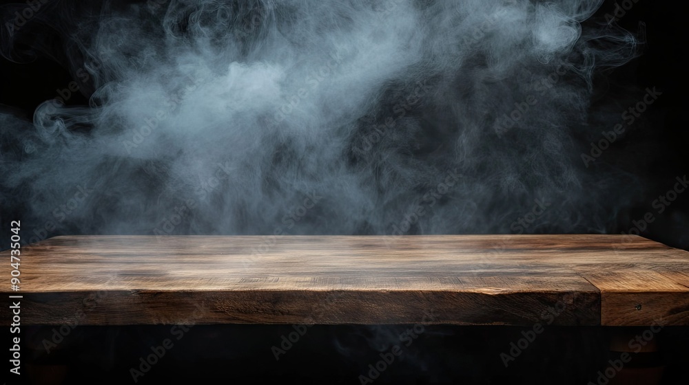 Poster wooden table and smoke on a black background, creating a mysterious scene with ample copy space for 
