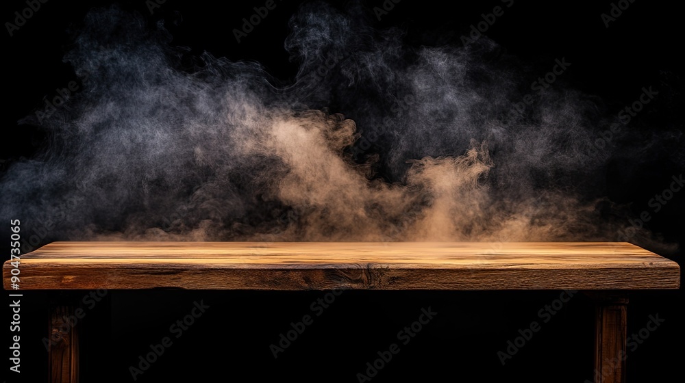 Poster wooden table and smoke on a black background, creating a mysterious scene with ample copy space for 