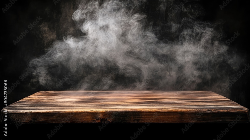 Poster wooden table and smoke on a black background, creating a mysterious scene with ample copy space for 
