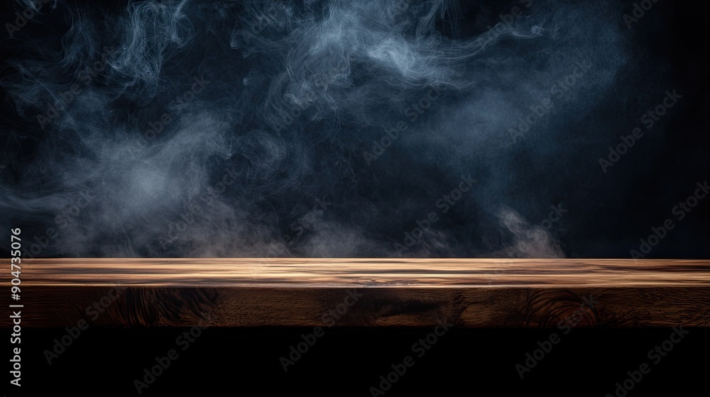Poster wooden table and smoke on a black background, creating a mysterious scene with ample copy space for 