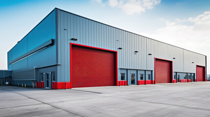 Fototapeta premium Modern Warehouse Building with Red Roller Doors