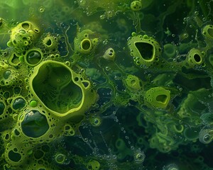 Abstract green texture with organic shapes and bubbles, ideal for backgrounds, wallpapers, or creative projects.