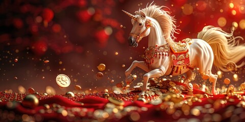 Majestic White Unicorn in Festive Red Background Surrounded by Glittering Gold Coins and Ornaments