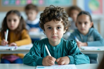 classroom scene shows children of different ethnic backgrounds collaborating on a group project, fostering a spirit of global education. 