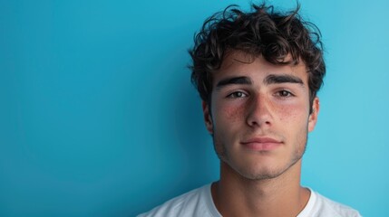 Fototapeta premium Young man staring at blue wall