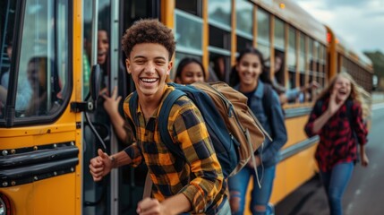 Happy Teenager Getting Off The School Bus