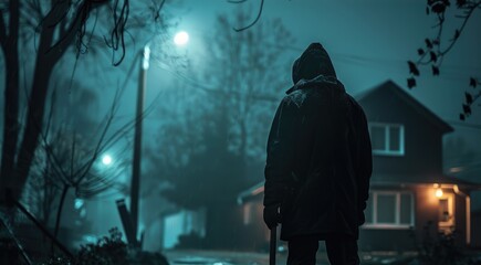 Hooded figure standing in foggy night