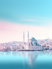 Obraz premium Serene Waterfront Mosque in Pastel Dawn