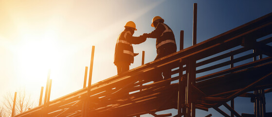 Construction Workers Handshaking on Site at Sunset
