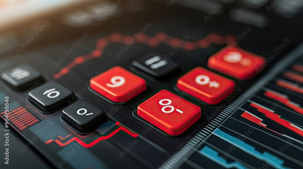 Poster close-up of a stock market trading interface with red buttons and a red downtrend line