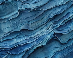 Close-up view of textured blue fabric, showcasing elegant folds and shades, perfect for backgrounds or textile design.