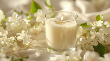 Lit candle with white flowers on blue fabric