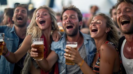 Group men and women holding beer and happy taking selfie