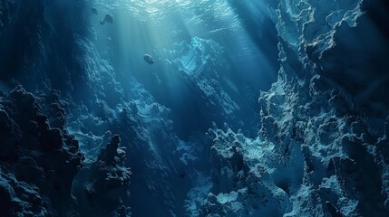 Obraz premium Bring the depths of the unknown ocean to life with a dramatic tilted angle view Showcase the mysterious creatures and landscapes of the deep sea in a way that intrigues and captivates viewers