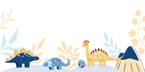 Horizontal web banner with cute dinosaurs. Dinosaur Kids Style. Cute character. Flat vector illustration. © plaksik13