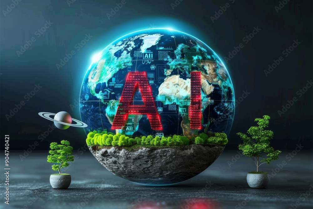 Aufkleber globe model with ai label showcasing sustainable green technology in a controlled environment.