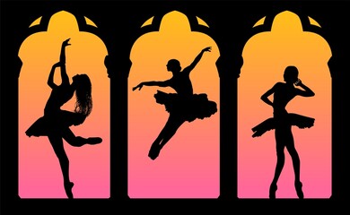 baile, danza, silueta, bailarina, danza ritmica, silueta, deporte, ballet, vector, ballet, movimiento, ventanal, contraluz