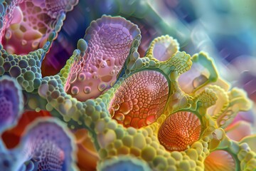 Vibrant close-up of colorful cellular structures, showcasing intricate textures and patterns in a mesmerizing, abstract manner.