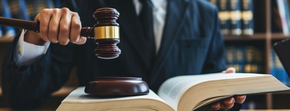 Judge Holding Gavel Over Law Books in Courtroom