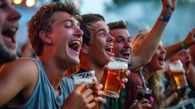 Group men and women holding beer and happy taking selfie