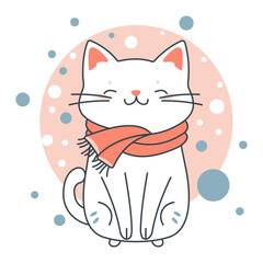 Cute Adorable White Cat Cartoon Character Wearing Scarf in Winter with Smiling Expression