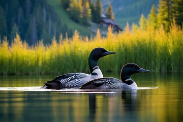 Common Loons Swimming in a Lake.