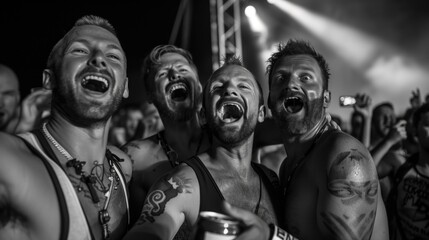 Obraz premium Group men and women holding beer and happy taking selfie