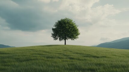 Obraz premium Solitary Tree on a Rolling Green Hill Under a Cloudy Sky with Mountains in the Distance