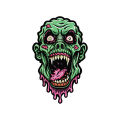 Design a vector illustration of a zombie-like monster head with a wide open mouth, sharp teeth, a pink tongue, and dripping pink goo.