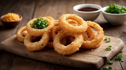Naklejka premium stack of crispy fried onion rings on a rustic wooden board, garnished with fresh parsley and a side of dipping sauce